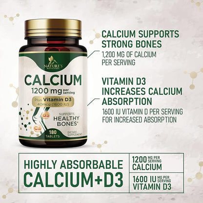 Calcium 1200 mg with Vitamin D3 Per Serving - Bone Health Supplement, Vitamin D & Calcium Supplements for Women & Men - Bone, Teeth & Immune Support, Nature's Calcium Pills, USA Bottled - 180 Tablets