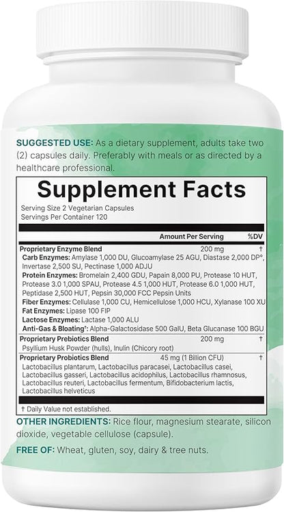 Super Enzymes with Prebiotics & Probiotics, 240 Veggie Capsules | High Potency Digestive Enzymes For Women & Men | Probiotic, Bromelain, Psyllium Husk & More | Immune & Gut Health Support