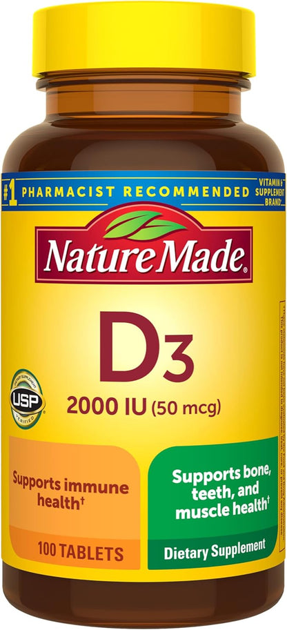 Nature Made Vitamin D3 2000 IU (50 mcg), Vitamin D Supplement for Bone, Teeth, Muscle and Immune Health Support, 100 Tablets, 100 Day Supply
