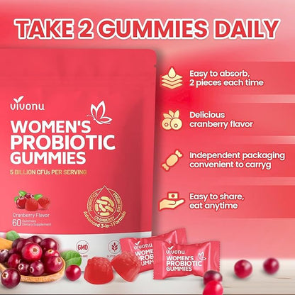 VivoNu Probiotics for Women, Women Probiotic Gummies, 500 Million CFUs, Fiber | Feminine Balance Gummies for Healthy Odour, Digestive Support and Gut Health + Vitamin C for Immune Support - 60 Gummies