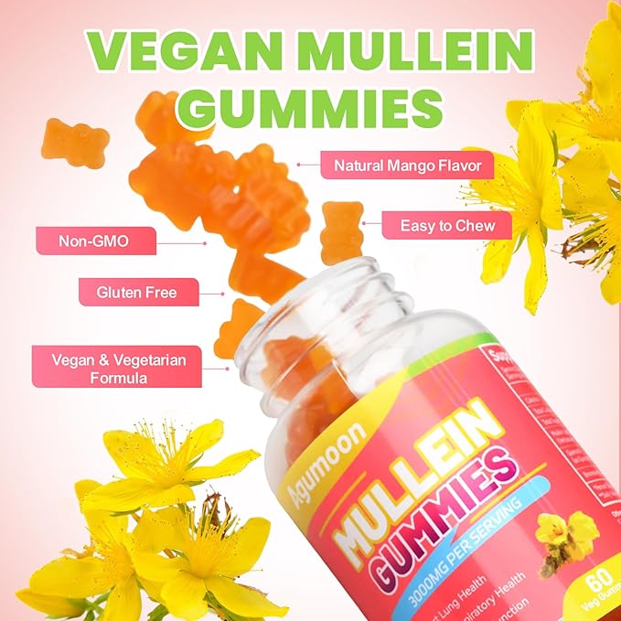3000MG Mullein Gummies, Extra Strength Mullein Leaf Extract with Quercetin, Bromelain for Lung Detox & Immune Support, Mango Flavor, 60 Count