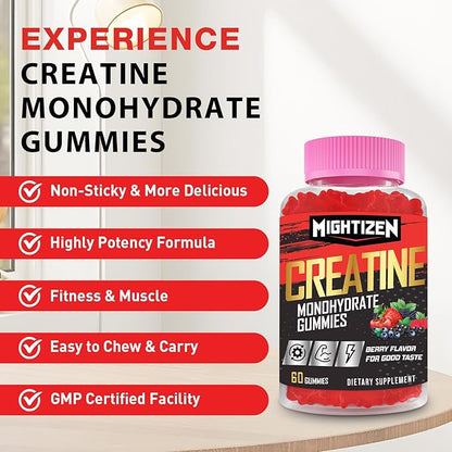 Creatine Monohydrate Gummies for Men & Women, Creatine for Women Chewables Creatine Monohydrate with Taurine & Vitamin B12, Pre-Workout Gummies for Max Strength, Energy & Endurance, Berry 60 Counts