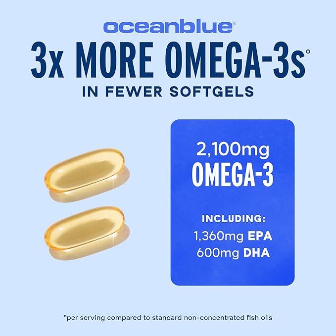 Oceanblue Professional Omega-3 2100mg Fish Oil Supplement – Triple Strength, High Potency EPA, DHA & DPA – Burpless, Wild-Caught, Natural Orange Flavor – 120 Count (Pack of 1)