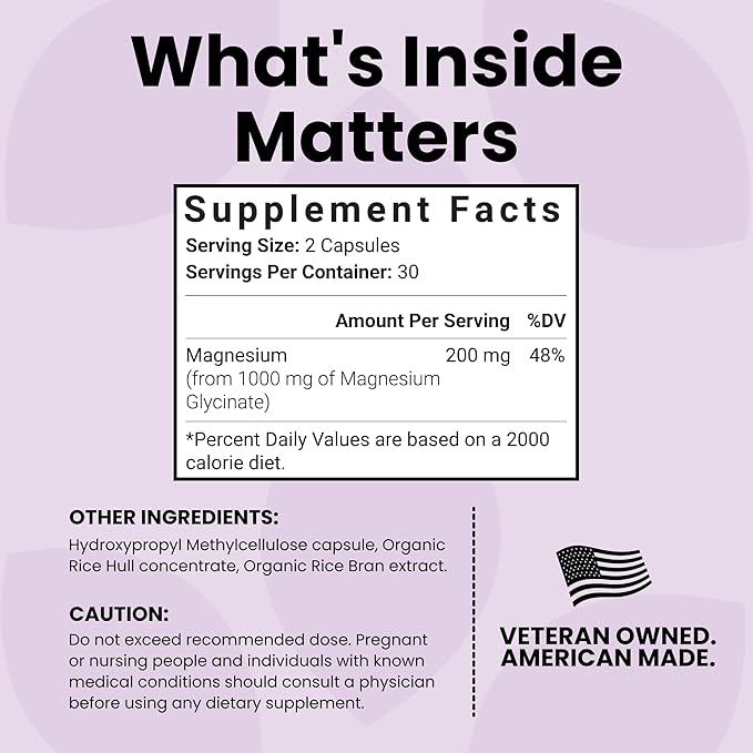 Luma Nutrition Magnesium Glycinate 1000mg - Support Stress, Sleep, Nerve & Muscle Health - 500mg Pure Magnesium Supplement Capsules - Chelated for High Absorption - 60 Veggie Capsules