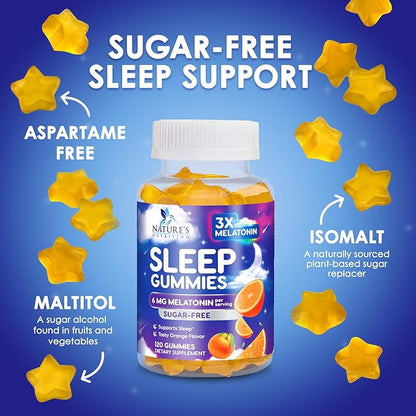 Melatonin Sleep Gummies - 6mg Per Serving - Sugar-Free Sleep Support Melatonin Gummy for Adults - Extra Strength Sleeping Gummy Supplement - Supports Restful Sleep - Tasty Orange Flavor - 120 Gummies
