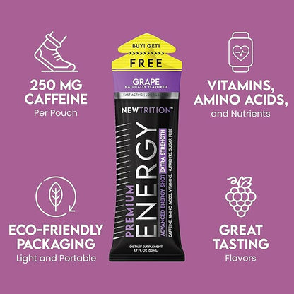NewTrition® Extra Strength Energy Shots, 1.7 fl oz - 250mg Caffeine with Vitamin B & Amino Acids, Sugar-Free, Zero Calorie Vitamin Energy Drink for Focus & Endurance (Pack of 6, Grape)
