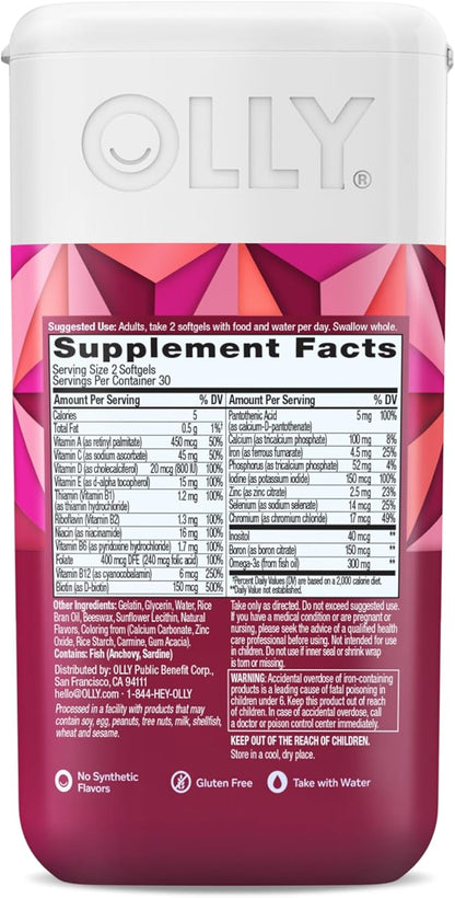 OLLY Ultra Women's Multi Softgels,Overall Health and Immune Support,Omega-3s,Iron,Vitamins A,D,C,E,B12,Daily Multivitamin,30 Day Supply -,60 Count (Pack of 2)