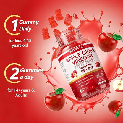 Apple Cider Vinegar Gummy Vitamins - 60 Count - Vitamin B12, Gelatin-Free, Gluten-Free