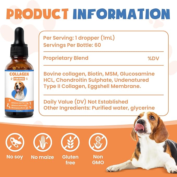 Collagen for Dogs,4.22oz (120ml) Liquid Collagen for Dogs,Enhances Joint Support,Flexibility,Cartilage and Mobility,Relieves Itching in Allergic,Liquid Drops Suitable for Cats and No Side Effects