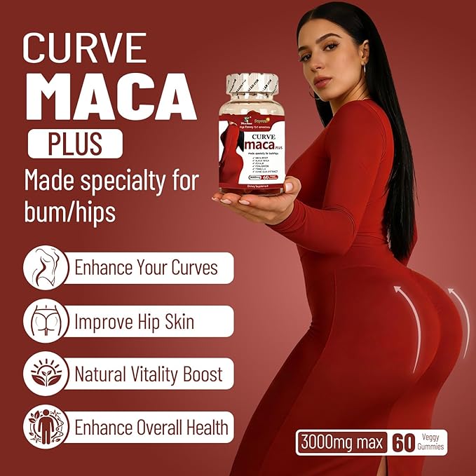 Maca Plus Gummies 3000mg, Glute Boost Vitamins for Women, Supports Curves, Energy & Skin Health, Strawberry Flavor, Vegan, 60 Count