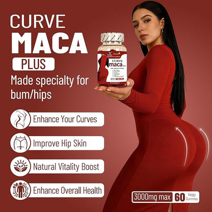 Maca Plus Gummies 3000mg, Glute Boost Vitamins for Women, Supports Curves, Energy & Skin Health, Strawberry Flavor, Vegan, 60 Count