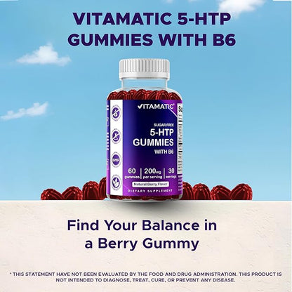Vitamatic Sugar Free 5-HTP 200mg Gummies with B6 – 60 Pectin-Based Gummies – Mood Support & Stress Relief
