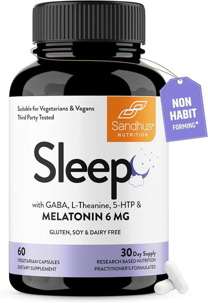 Sandhu's Sleep 60 Capsules –Non-Habit Forming 5-in-1 Sleep Aid Supplement with Melatonin, Magnesium, GABA, L-Theanine & 5-HTP