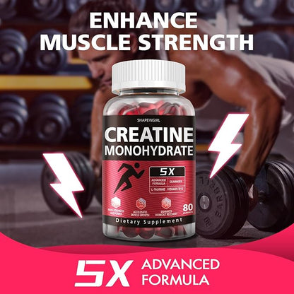 Creatine Monohydrate Gummies - Clean Creatine for Women Men for Muscle Strength, Improving Endurance & Post Workout Recovery - Creatine Supplement - Raspberry Flavors (160 Gummies)