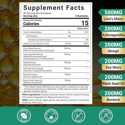 Ashwagandha Gummies - Lions Mane Gummies, Ashwagandha Lion's Mane Supplement with Shilajit, Sea Moss, Black Seed Oil for Adults - Energy, Cognitive & Immune Support