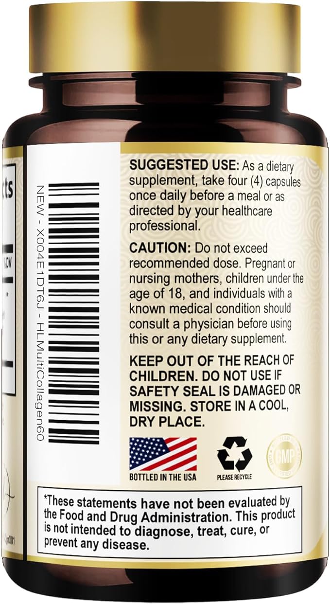Multi Collagen Peptides for Women & Men - 2400mg per Serving - Best Hydrolyzed Collagen Complex with Type I, II, III, V, X - Hair, Skin, Nails & Joint Support Supplement - Bottled USA - 60 Capsules