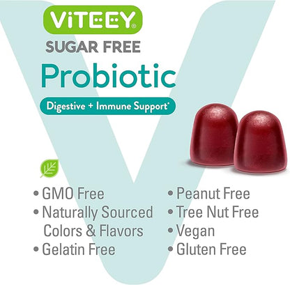 Viteey Probiotic Gummies for Women, Men & Teens, 2 Billion CFUs - Sugar Free - Immune Booster, Digestive Support, Gut Health - Vegan, Gelatin Free, GMO Free - Tasty Chewable Raspberry Flavored Gummy