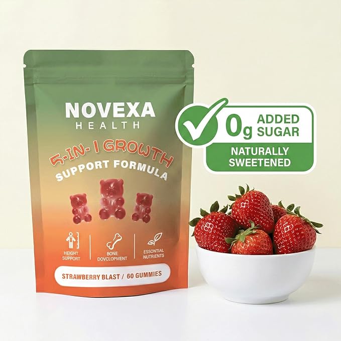 Novexa Growth Gummies, with Vitamin D3 & K2, Natural Strawberry Flavor, Non-GMO Formula,60 Count (1pcs)