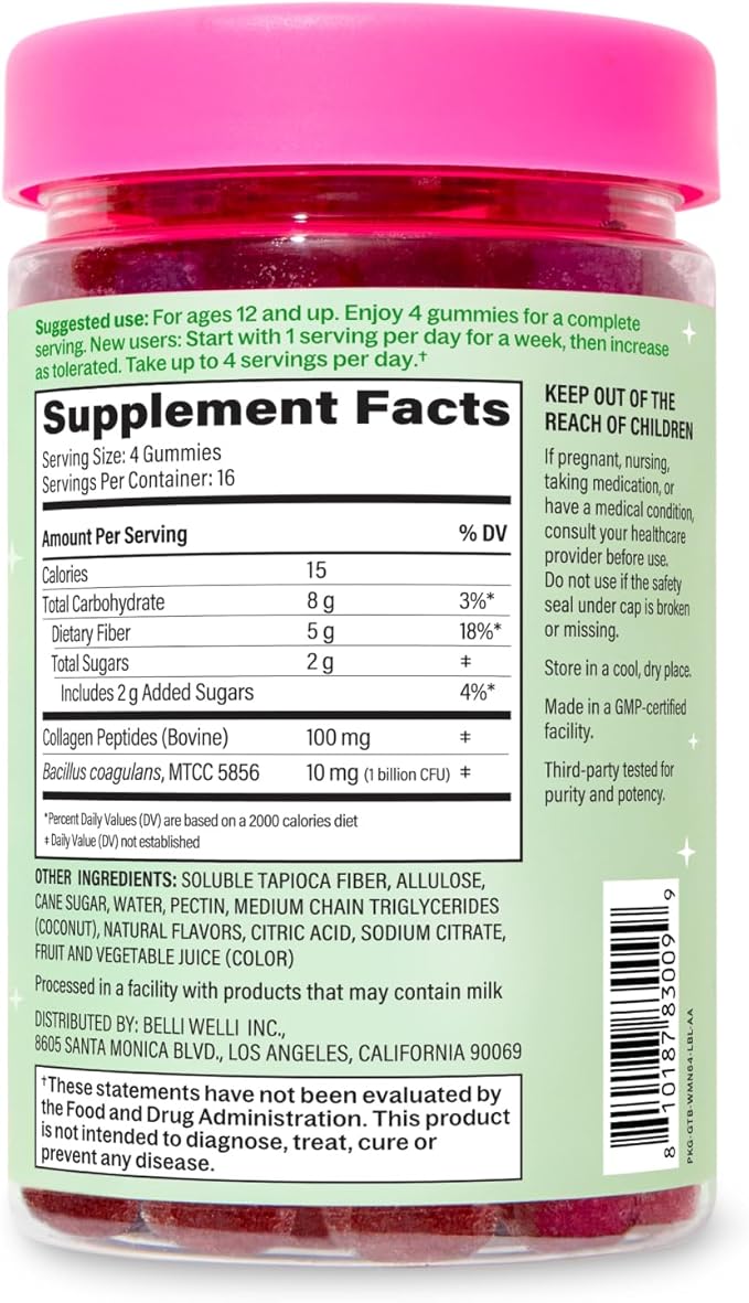 Belli Welli Fiber 4-in-1 Fiber Gummies Supplement with Added Probiotics, Collagen and Electrolytes for Regularity and Bloat Relief, Watermelon, 120 Count