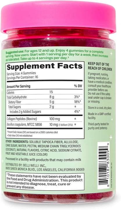 Belli Welli Fiber 4-in-1 Fiber Gummies Supplement with Added Probiotics, Collagen and Electrolytes for Regularity and Bloat Relief, Watermelon, 120 Count