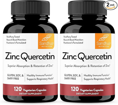 Sandhu's Zinc Quercetin 120 Vegetarian Capsules (Pack of 2) | High Absorption Zink Supplements for Immunity and Seasonal Allergy | Antioxidant Immune Support for Men and Women | Easy to Swallow