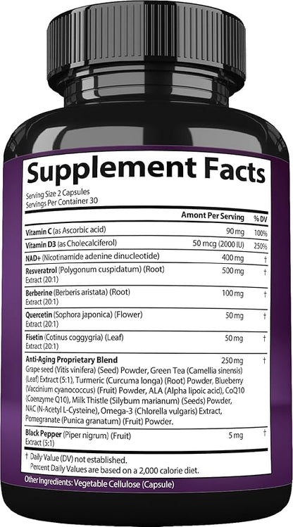 NAD Resveratrol Supplement for Women & Men. Support Cellular Health, Energy + Healthy Aging. Advanced Formula, Plus Third-Party Lab Tested in USA (60 Capsules)