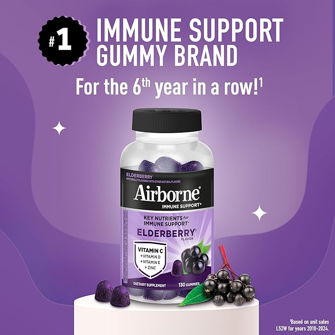 Airborne Elderberry + Zinc & Vitamin C Gummies for Adults,Immune Support with Antioxidants Vitamins C,D & E,Elderberry Flavor,130 Count (Pack of 2)