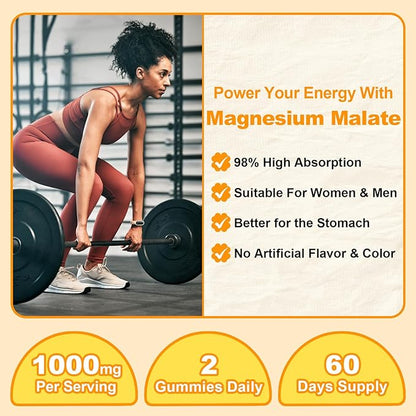 2 Pack Magnesium Malate Gummies 1000mg, High Absorption Magnesium Supplements for Adults & Kids, with L-Theanine, CoQ10 & Vitamin B6, Support Energy Production, Muscle Function, Non-GMO, Vegan, 120Ct