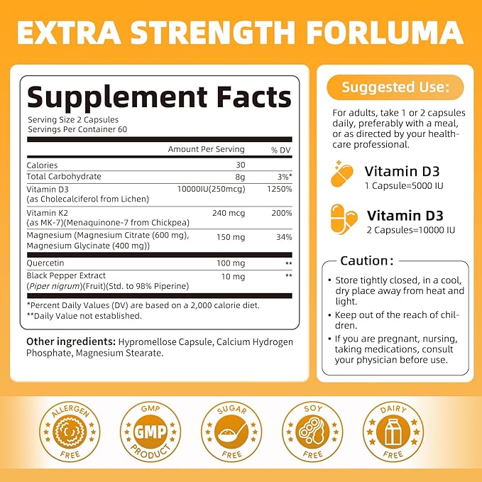 M inch Vitamin D3 K2 with Magnesium, Vitamin D3 10000 IU, Vitamin K2 MK-7 240 mcg, 6-in-1 K2 D3 Vitamin Supplement with Quercetin for Bone, Immune & Moo*d Support, Highly Bioavailable, 2 Packs