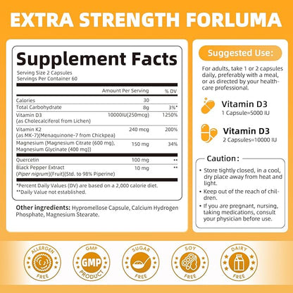 M inch Vitamin D3 K2 with Magnesium, Vitamin D3 10000 IU, Vitamin K2 MK-7 240 mcg, 6-in-1 K2 D3 Vitamin Supplement with Quercetin for Bone, Immune & Moo*d Support, Highly Bioavailable, 2 Packs