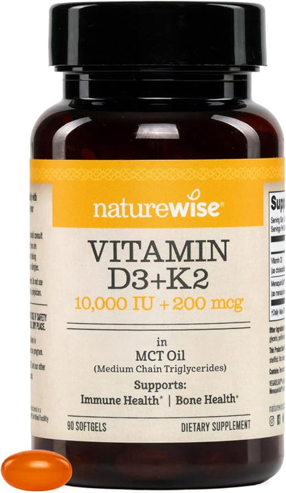 NatureWise Vegan Vitamin D3 + K2 in Organic Coconut MCT Oil - Natural D3 10000IU + Natural K2 200mcg - High Absorption Bone Support - Non-GMO - USA Manufactured - 90 Softgels[90-Day Supply]