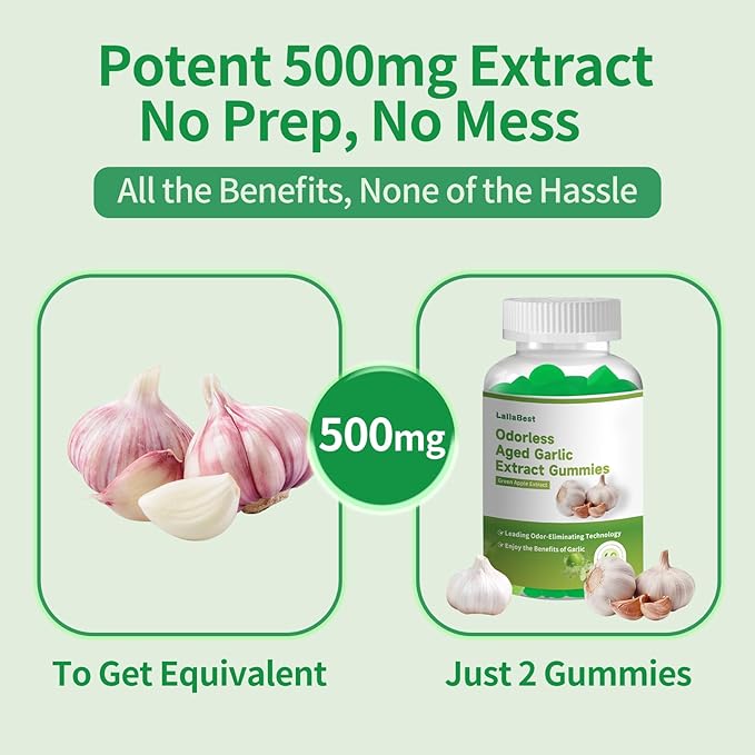 Odorless Aged Garlic Extract Gummies,7500mg Garlic,2 Years Aged Garlic Extract,Grown Allium Sativum Bulb,Potent Antioxidant Supplement,Immune Support,Heart Health,Green Apple Flavor