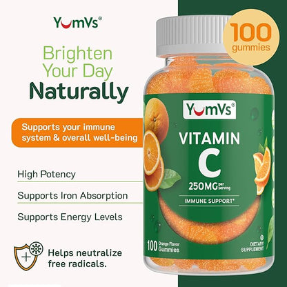 YUM-V'S Vitamin C Gummies for Adults - 250 mg Yummy Vitamin C Gummy - VIT C Gummies - Immune Support Supplement -Orange Flavored Kosher, Halal, Gluten Free (100 Count)