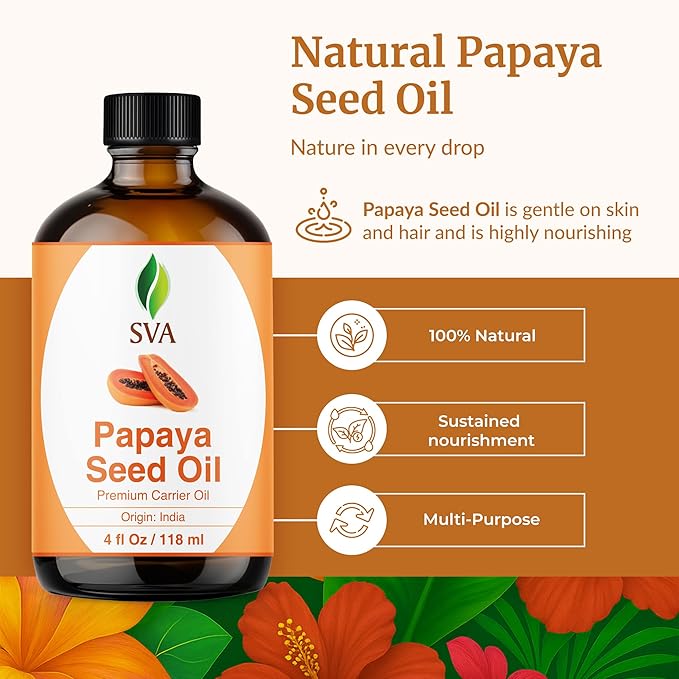 SVA Papaya Seed Oil - 4 Fl Oz – 100% Natural Cold Pressed Papaya Oil - for Face, Skin Care, Hair Care, Scalp Massage & Body Massage – Carrier Oil with Dropper