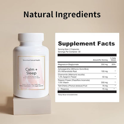 Nourished Natural Health Calm + Sleep – Relaxation & Melatonin-Free Sleep Supplement for Women, Cortisol Support with Ashwagandha, L-Theanine, Magnesium & Valerian Root – Vegan & Non-GMO,180 Capsules