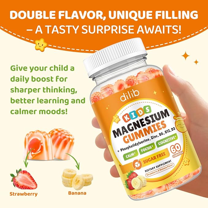 Magnesium Glycinate Gummies for Kids, Brain Supplement for Memory and Focus with Phosphatidylserine, L-Theanine, Zinc for Kids & Adults Sleep Cognition Calm, Strawberry & Banana Flavor 120ct