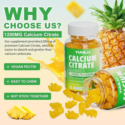 Calcium Citrate Gummies 1200mg, Chewable Calcium Supplements for Women & Men, Sugar Free Calcium Gummies for Bone, Muscle & Immune Support, Pineapple Flavor, 60 Count