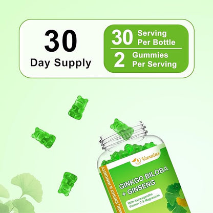 240MG Ginkgo Biloba Gummies with Ginseng and Magnesium, Ginko Biloba Supplements Gummies for Brain Focus, Mood and Memory for Adults, 60 Cts