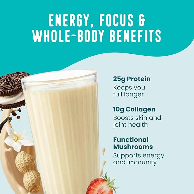 FlavCity All in One Protein Shake Powder Packets - On the Go Meal Alternative + 25g Protein & 10g Collagen, Made with Organic Reishi & Cordyceps Mushrooms - No Added Sugars, Variety 10 Pack
