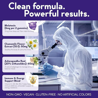 Sleep Gummies for Adults with Melatonin + Chamomile & Ashwagandha | Elderberry + Vitamins C, D3, B6, B12 & Folate | Vegan, Gluten-Free | 60 Gummies (30 Servings)