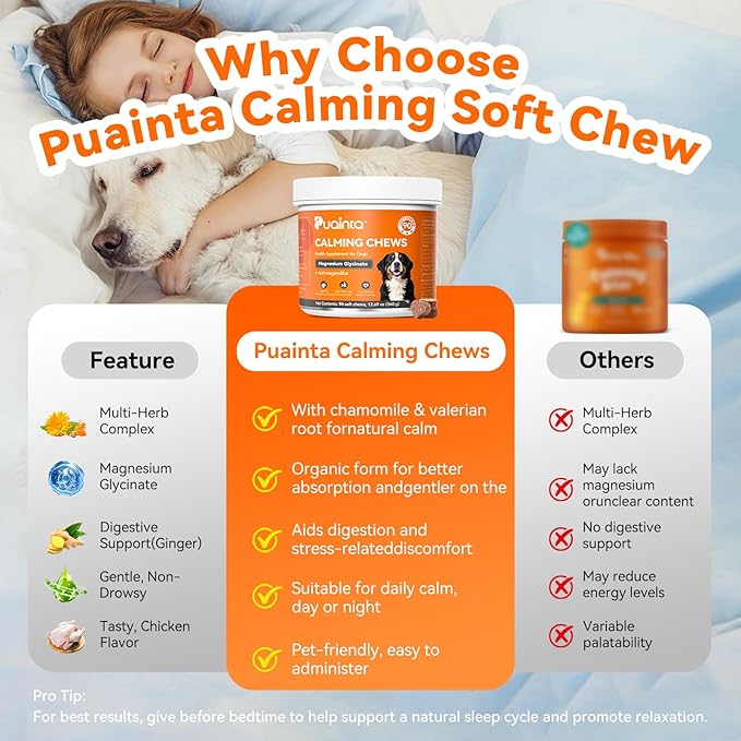 Dog Calming Chews – Magnesium Glycinate & Melatonin for Dogs, 4 Herbal Ingredients for Anxiety Relief, Stress & Travel Support, Chicken Flavor (90 Count)