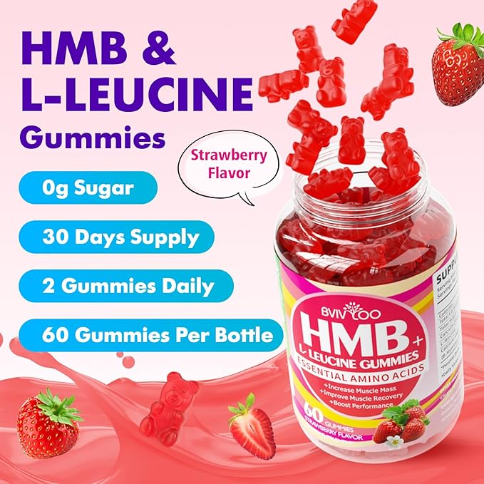 HMB and L-Leucine Gummies - 3000mg Combined HMB & L-Leucine per Serving. for Muscle Growth, Muscle Relief & Fast Recovery. Sugar-Free, Strawberry, 120 Gummies