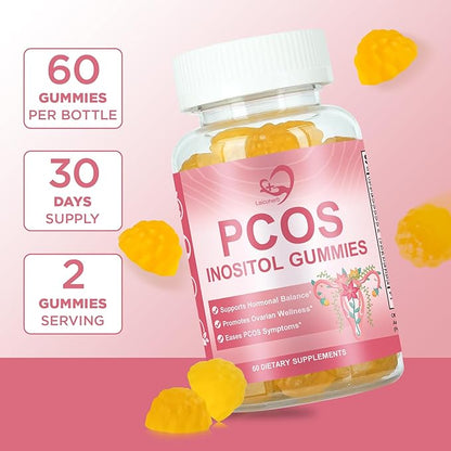 PCOS Inositol Gummies for Ovarian & Hormonal Balance, 60 Count PCOS Gummies with Myo-Inositol, Folate & Zinc Helps Menstrual Cycle, Orange Flavor Ovulation Gummy for Wellness Ovulation & Fertility