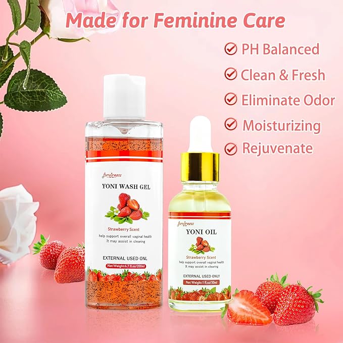 Natural Feminine Wash Yoni Wash Yoni Oil Set, Cleanse - Remove Odor - pH Balance for Women, 1 fl.oz Feminine Oil & 6.7 fl.oz Intimate Wash with Cleaning Factor - Strawberry Scent