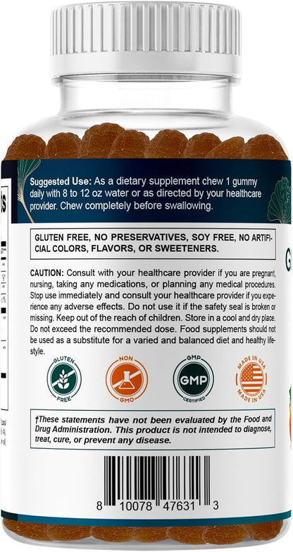 Vitamatic Ginkgo Biloba & Bacopa Gummies – Plant-Based Botanical Extract – Natural Peach Flavor – Vegan, Non-GMO, Gluten-Free – Herbal Supplement – 60 Count