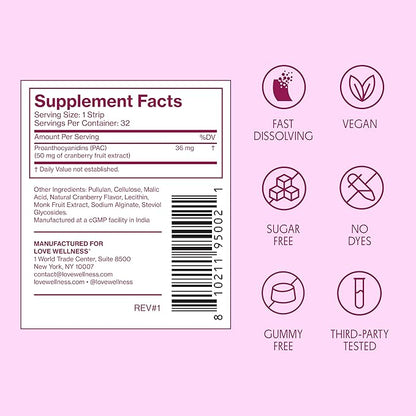 Love Wellness Urinary Tract* Quick Melt Strips - Fast-Dissolving UT Support with 36 mg PACs from Cranberry Fruit Extract - Promotes Urinary Health* - No Water Needed - Vegan and Sugar Free - 32 Strips