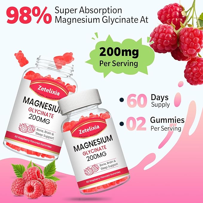 200MG Magnesium Glycinate Gummies, High Absorption Magnesium Glycinate Supplements for Relaxation, Raspberry Flavor 2 Pack, 120 Count