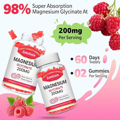 200MG Magnesium Glycinate Gummies, High Absorption Magnesium Glycinate Supplements for Relaxation, Raspberry Flavor 2 Pack, 120 Count