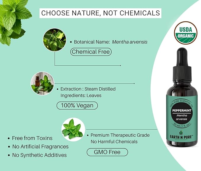 Earth N Pure Peppermint Essential Oil (Pudina Oil) Undiluted, Natural and Therapeutic Grade with Glass Dropper 30 ml