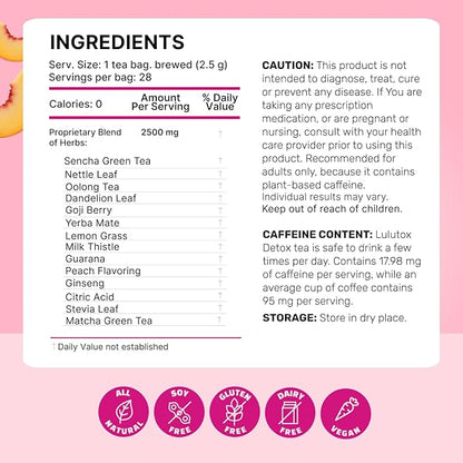 LULUTOX Detox Tea - Herbal Blend with Dandelion, Ginseng, and Ginger - Supports A Healthy Weight, Digestive Health - Vegan, All Natural, Laxative-Free - Peach Flavor (3 Pack x 28 Servings)